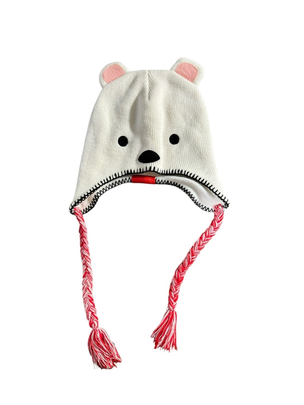 Coca Cola White Bear Ear Knit Hat with Pink Braided Tassels NWOT